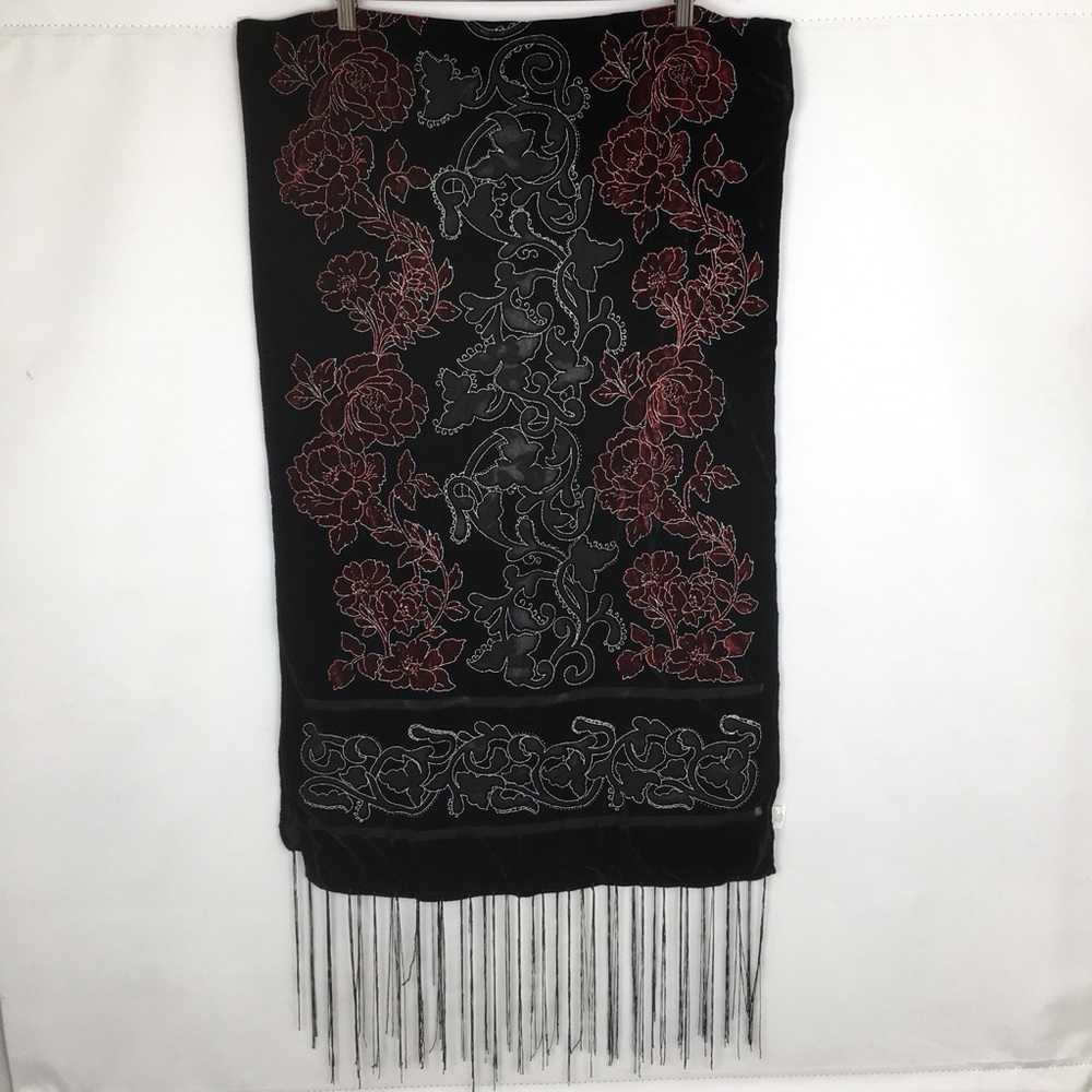 Floral Velvet Burnout Wide Scarf Wrap Black Red Sheer Fringe Evening Romantic - Picture 9 of 15